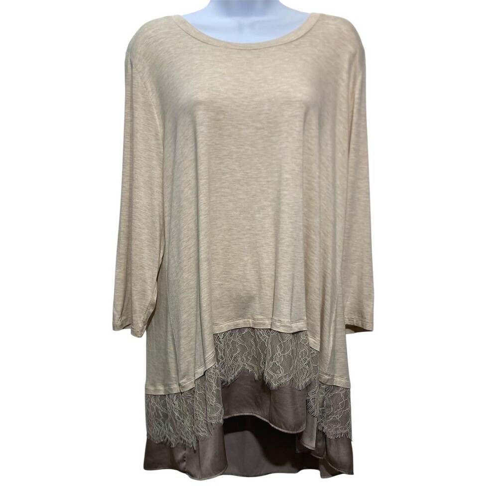 LOGO Lori Goldstein Tunic Top Womens XL Petite Lace Satin Layered Hem 3/4 Sleeve
